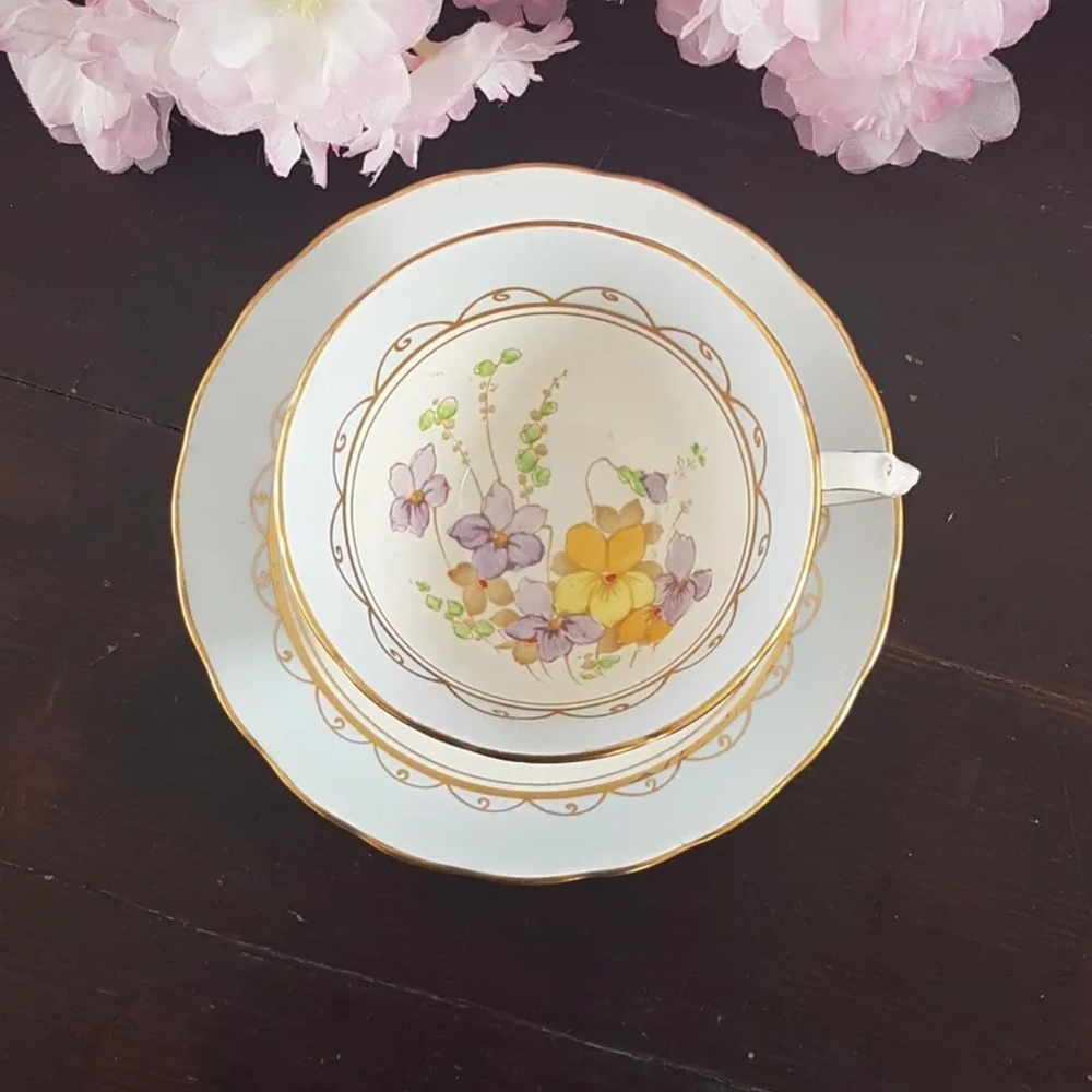 Plant Tuscan Bone China Tea Cup & Saucer England Hand Painted Floral MCM